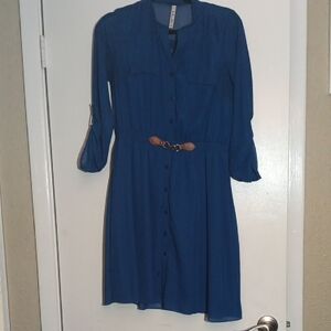 Chic Long Sleeve Blue Dress with Belt